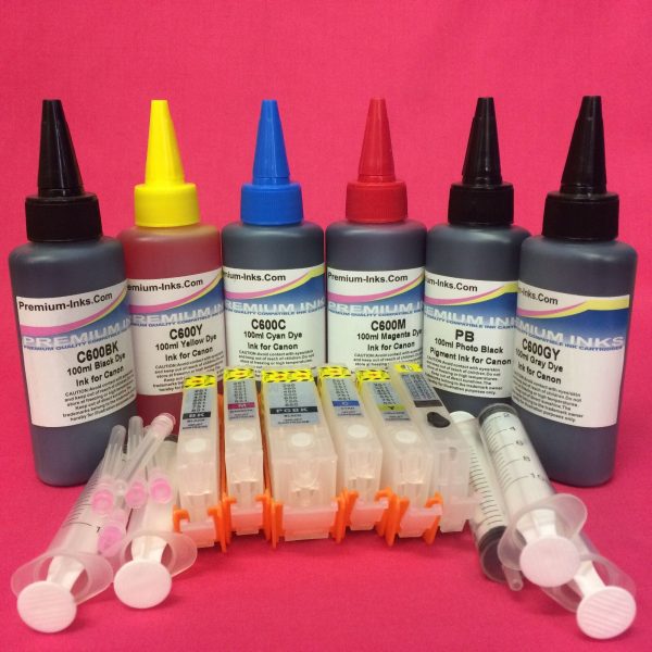 6 REFILLABLE CARTRIDGES FOR CANON + 6x100ml PIGMENT DYE INK PGI-550BK CLI 551 BK C M Y G Cheap