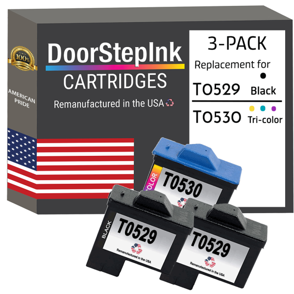 DoorStepInk Brand for Dell Series 1 T0529 2 Black   T0530 1 Color Remanufactured in the USA Ink Cartridges 3-Pack Discount