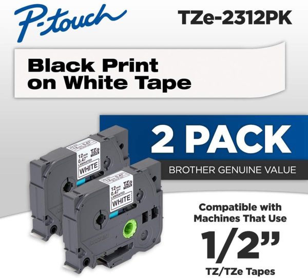 Genuine Brother TZe-2312PK 1 2 In. Black on White P-Touch Label Tape 2 Pack Online Hot Sale