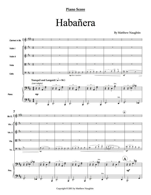 Habañera for Clarinet, String Quartet & Piano (Matthew Naughtin) For Sale