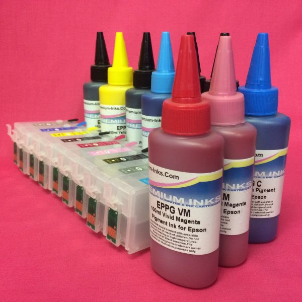 R3000 REFILLABLE CARTRIDGES + 900ml PIGMENT INK EPSON STYLUS PHOTO R3000 NON OEM For Sale