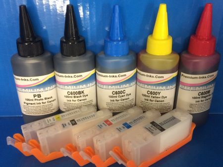 REFILLABLE CARTRIDGES + 5X100ML PIGMENT DYE INK FOR CANON PGI-570 BK CLI-571 BK C M Y Sale